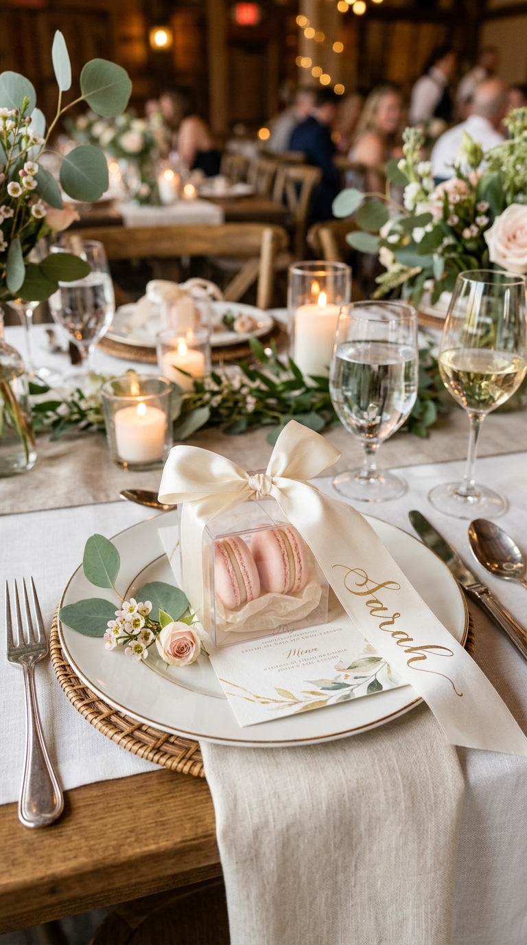 10. Edible Macaron Boxes with Calligraphy Ribbons