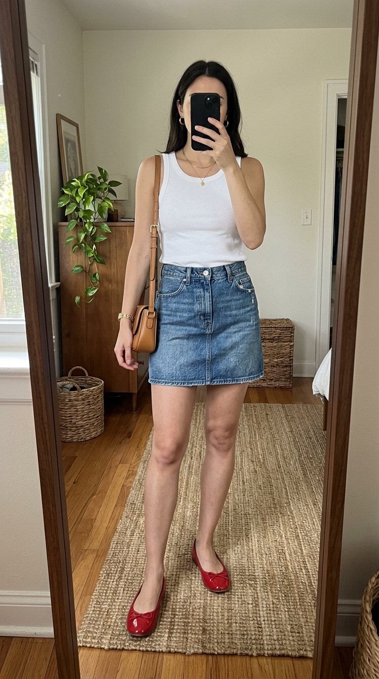 3. Denim Skirt & Statement Flats
