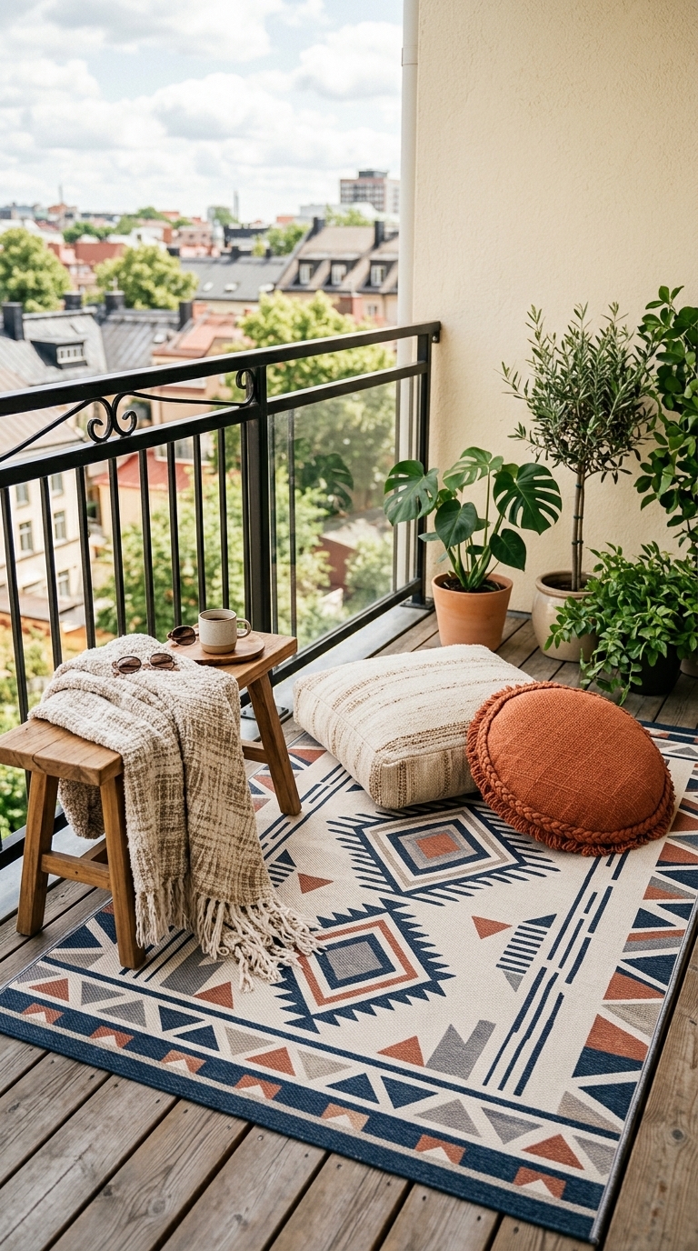 4. Get Cozy with Outdoor Rugs and Throws