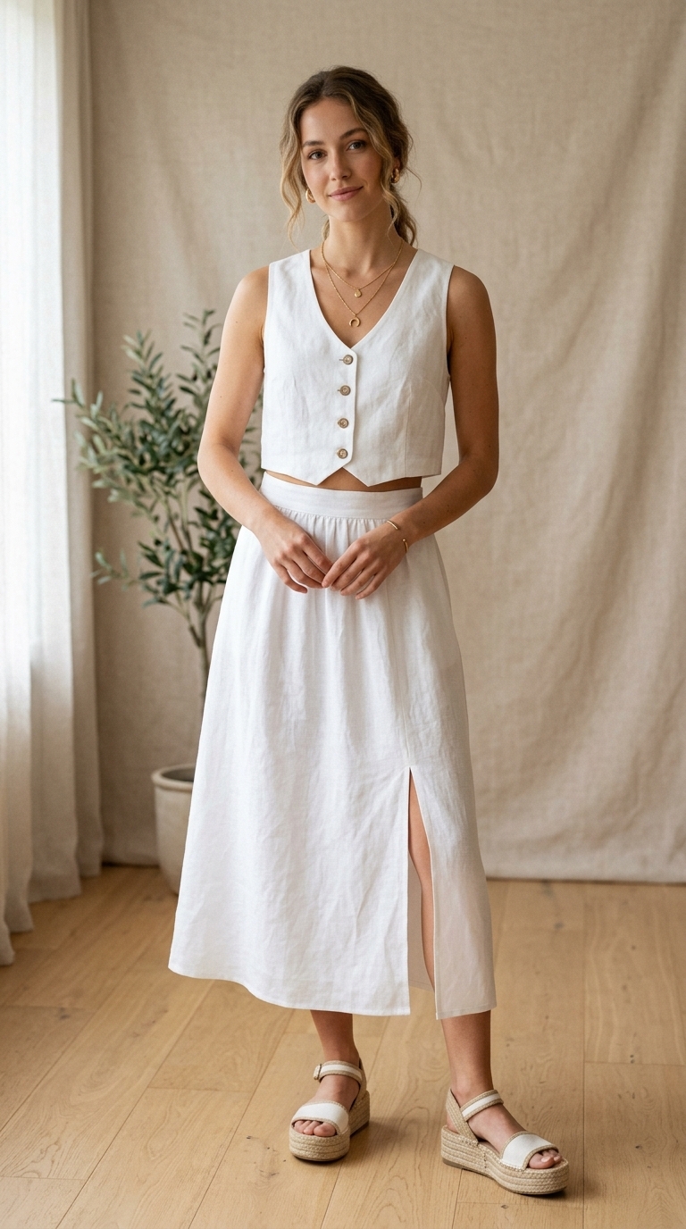 5. Layered Linen Vest & Skirt