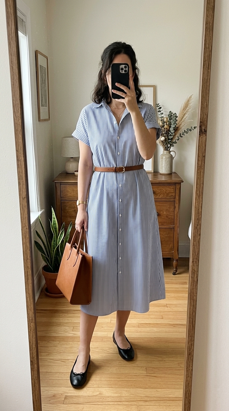 6. Classic Striped Shirt Dress & Ballet Pumps