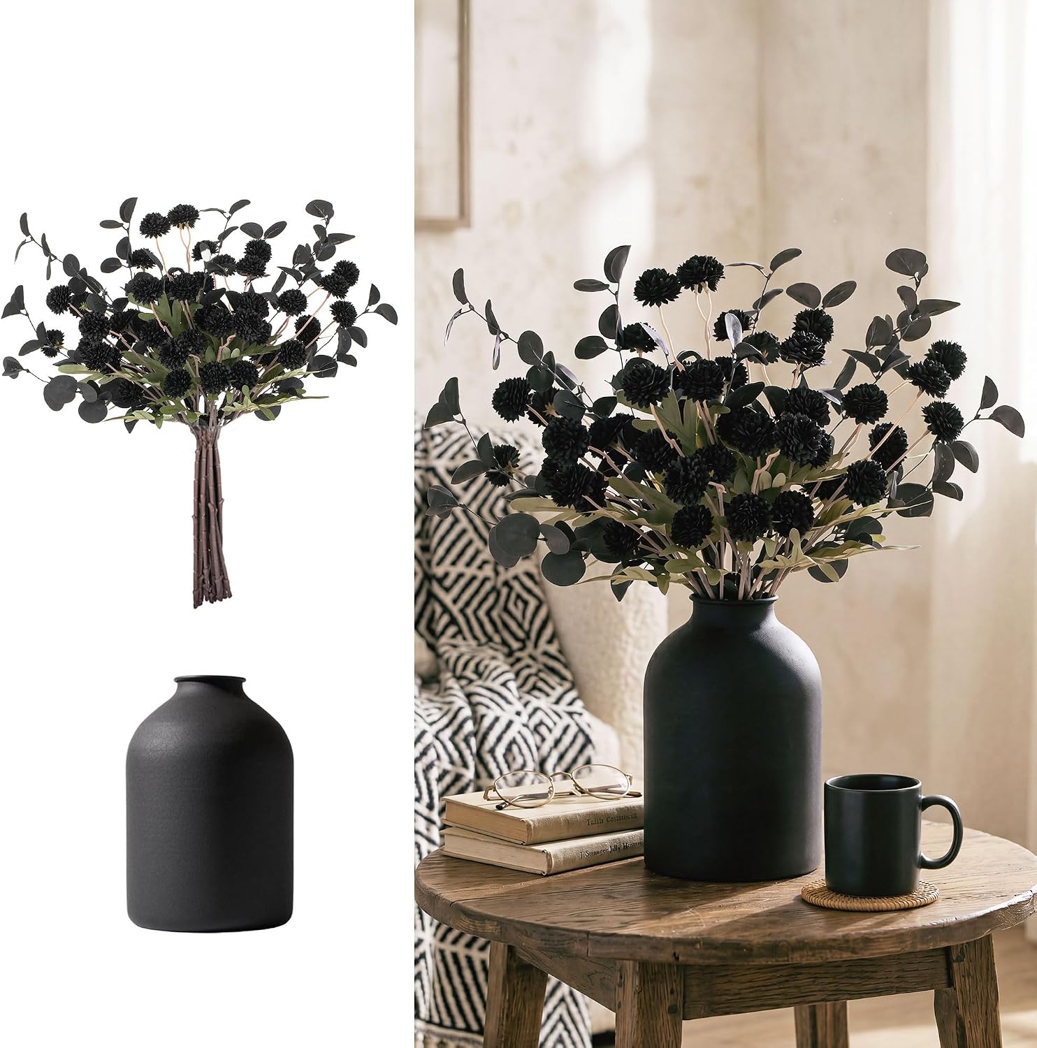 BLOSMON black artificial flowers with metal vase for gothic table decor