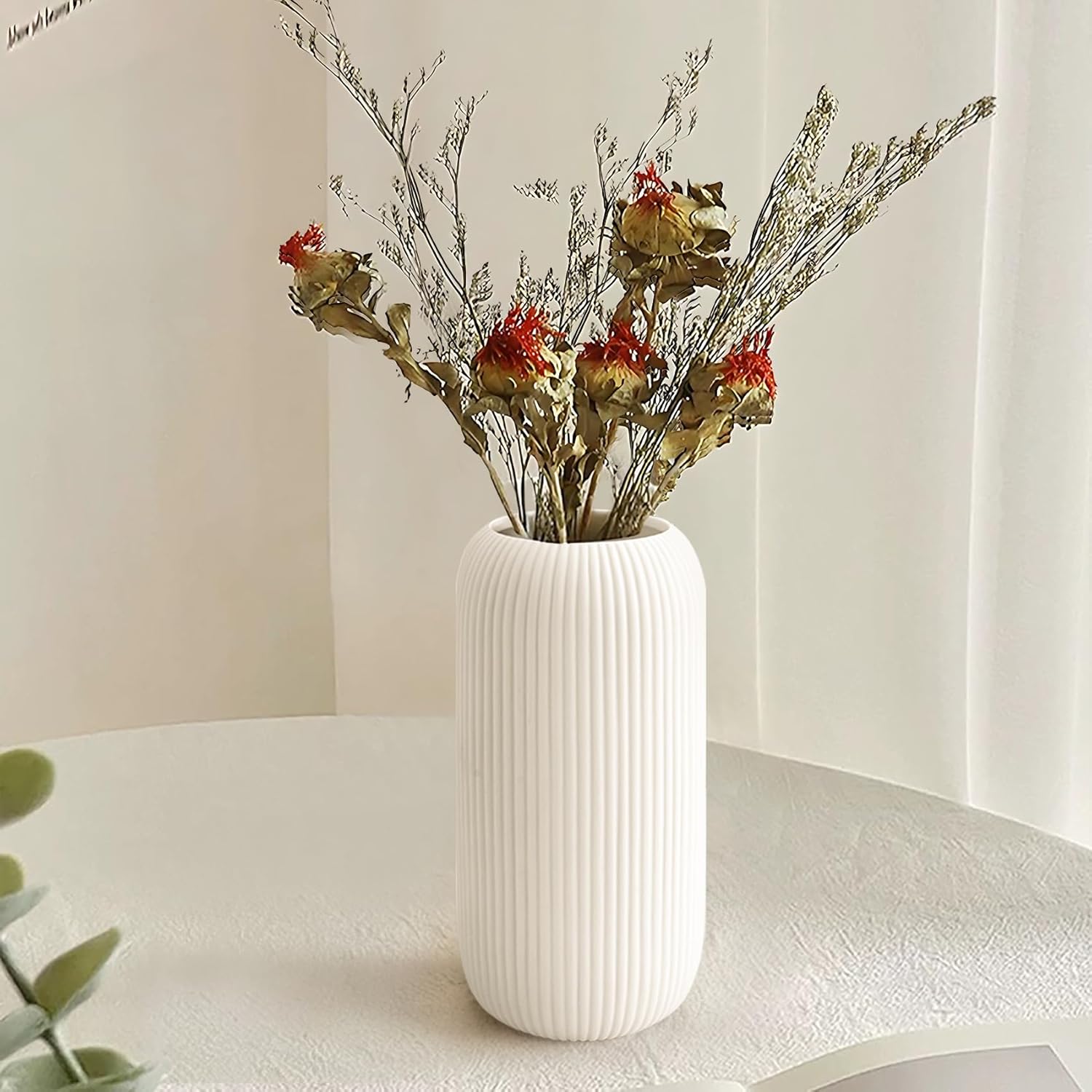 White ceramic ribbed vase for flowers and farmhouse home decor