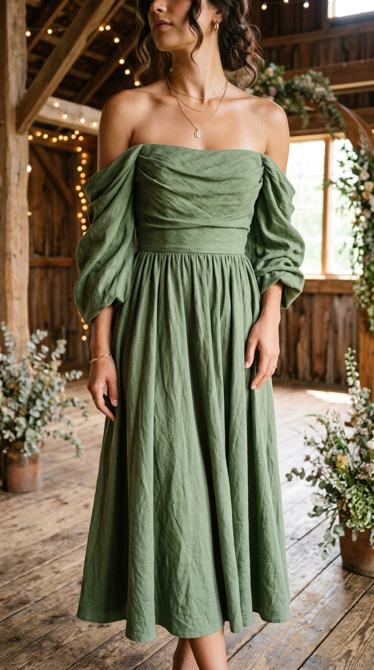 11. Romantic Flair: Moss Green Off-Shoulder Dress