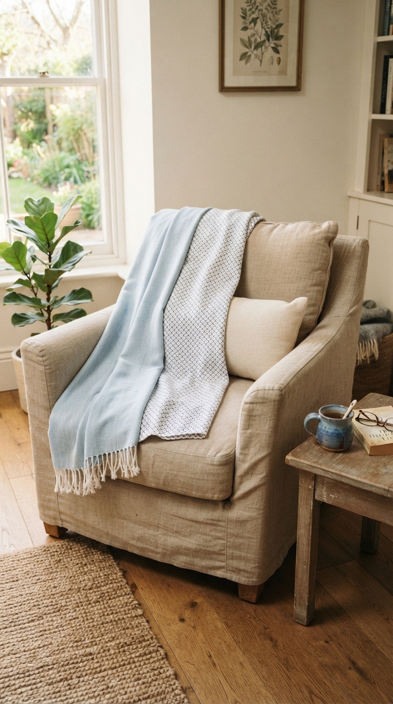 3. Layer Textures with Blue and White Throws