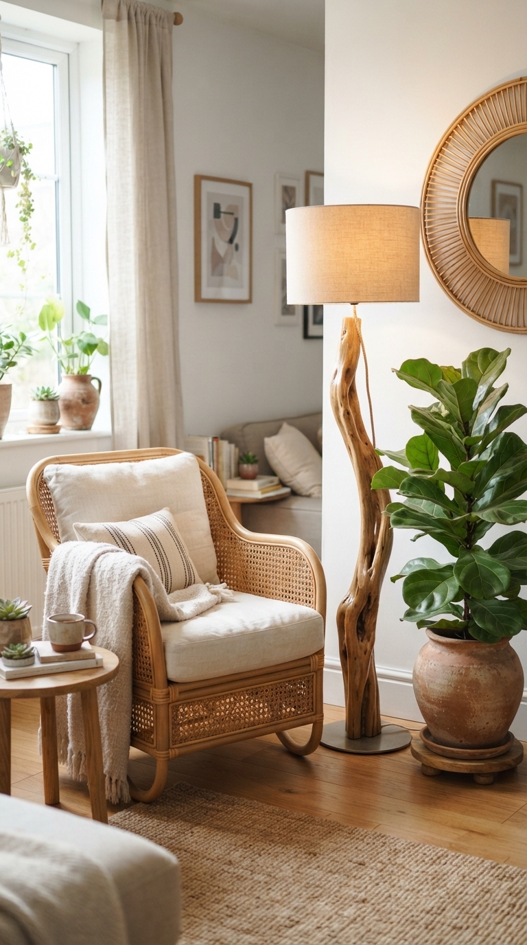 4. Bring in Driftwood & Rattan for Organic Sophistication