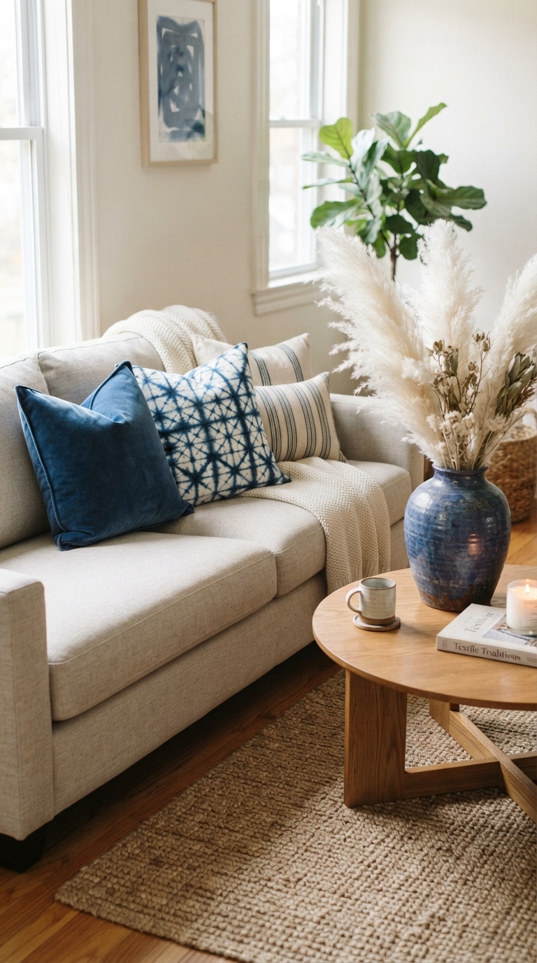 6. Add Pops of Indigo with Pillows and Pottery