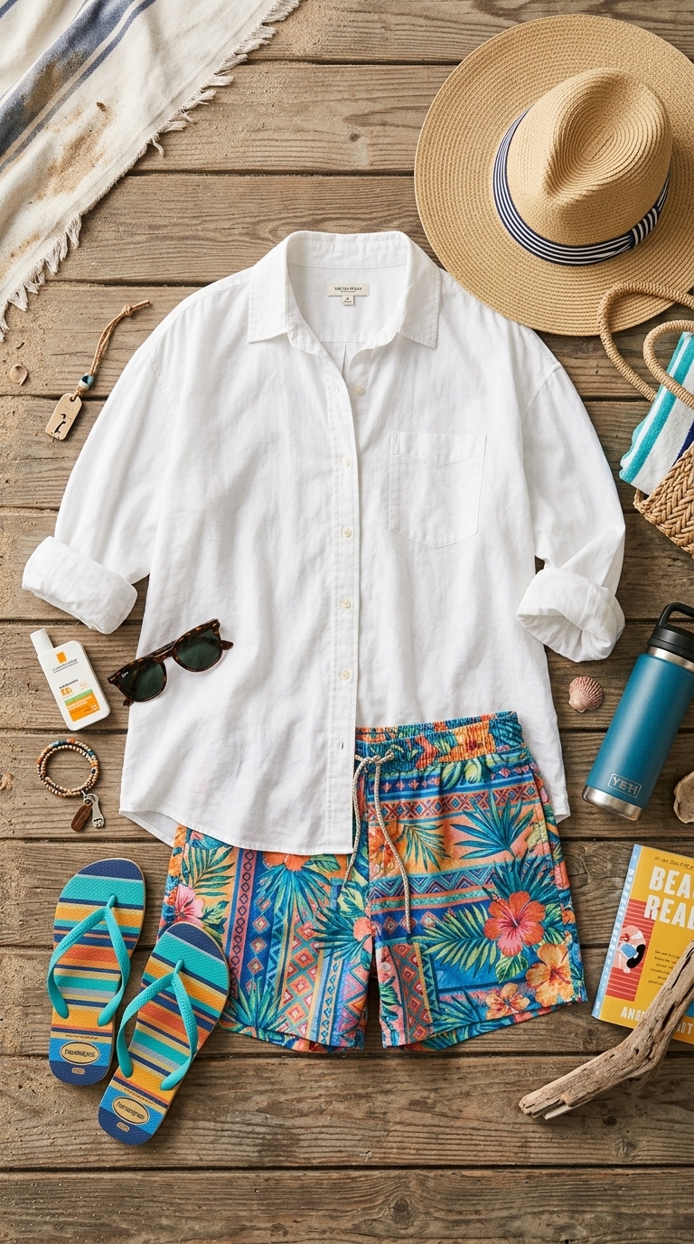 6. Breezy Button-Up & Swim Shorts