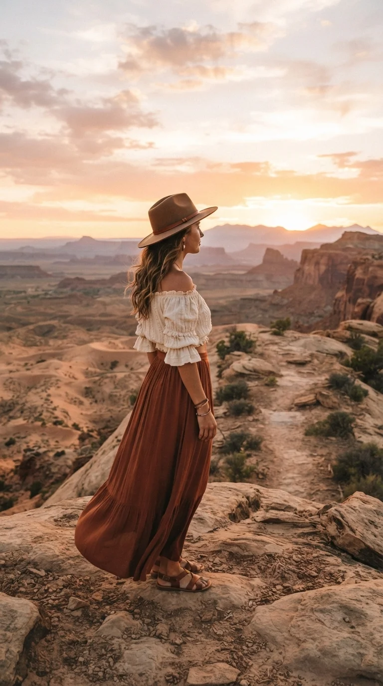 8. Boho-Chic with Wide-Brim Hat & Maxi Skirt
