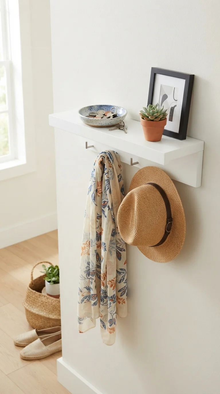 8. Maximize Space with a Floating Shelf and Hooks